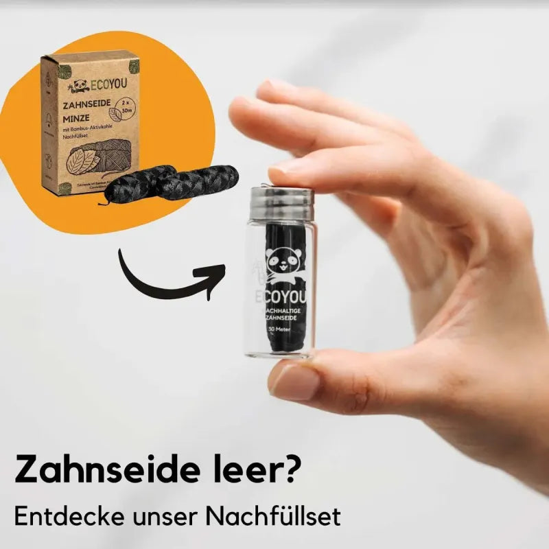 Zahnseide 30 m Aktivkohle im Glasflakon